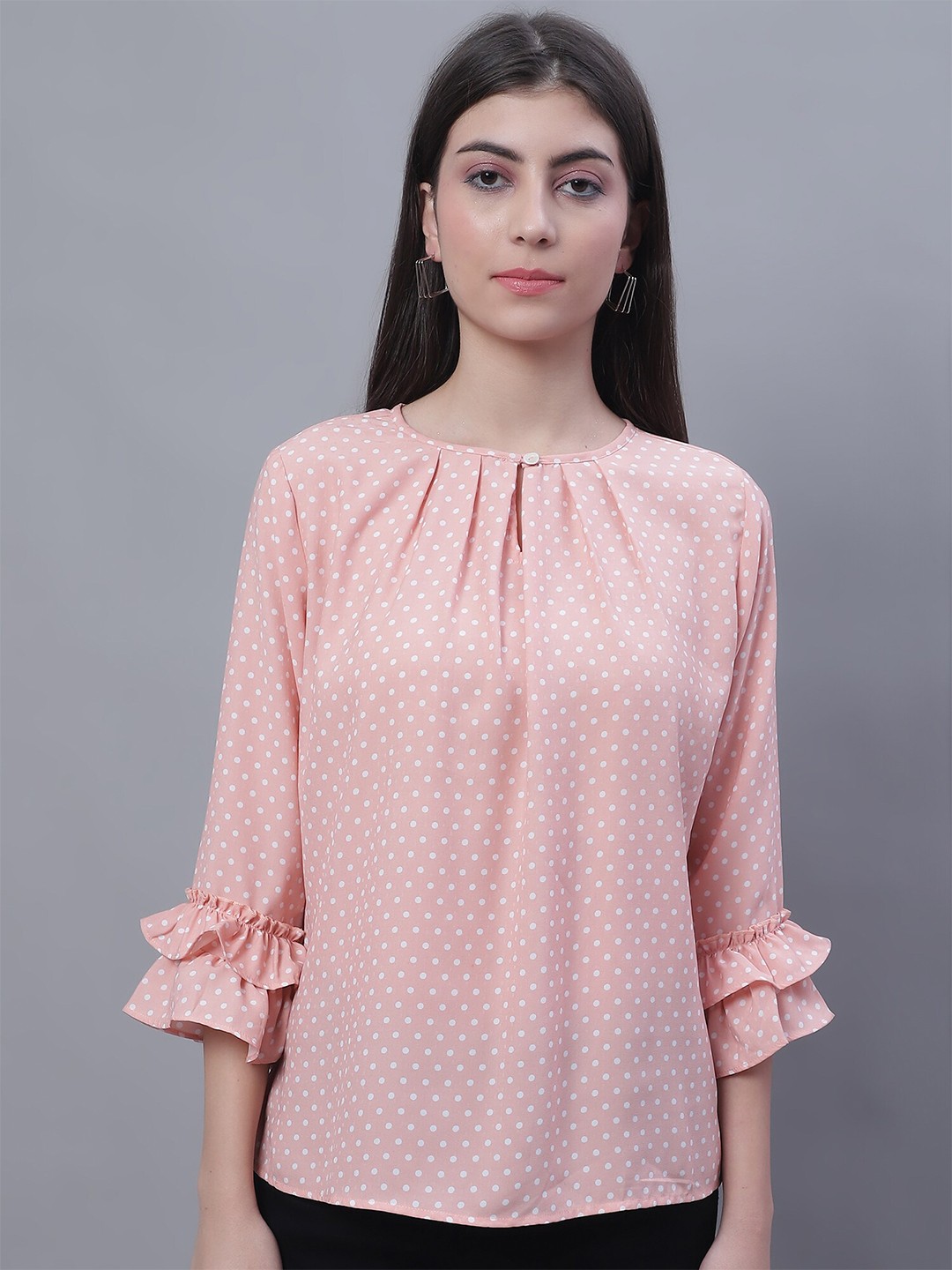 

Cantabil Polka Dots Ruffled Sleeve Top, Peach