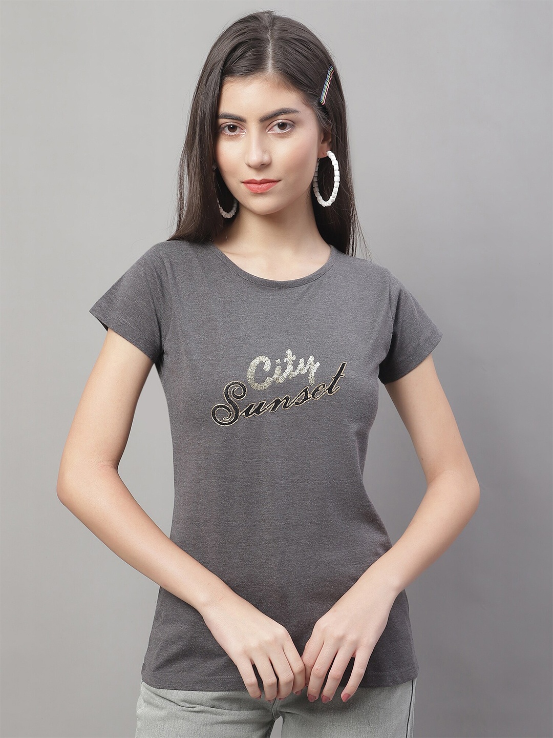 

Crozo By Cantabil Embellished Typography Printed T-Shirt, Grey