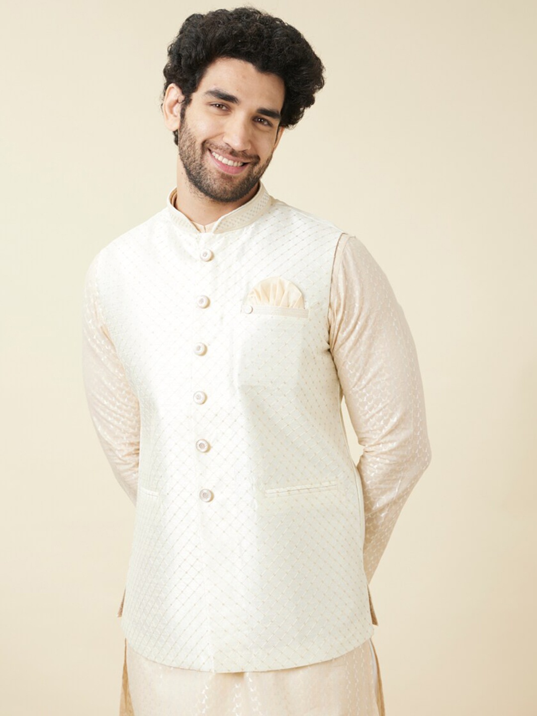

Manyavar Woven Design Nehru Jackets, Cream