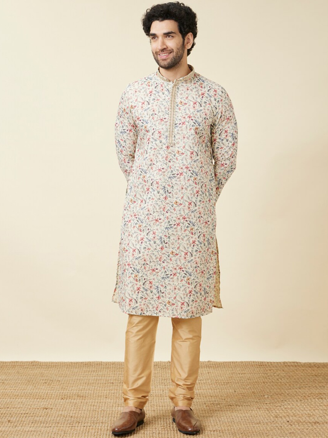 

Manyavar Mandarin Collar Floral Printed Regular Pure Cotton Kurta with Churidar, Beige