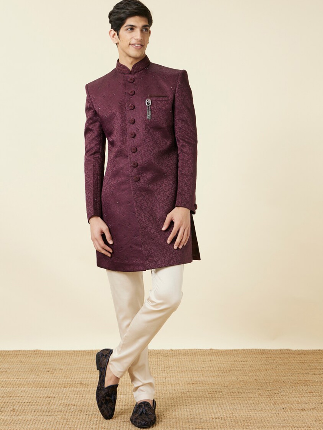 

Manyavar Self Design Indo Western Sherwani, Purple