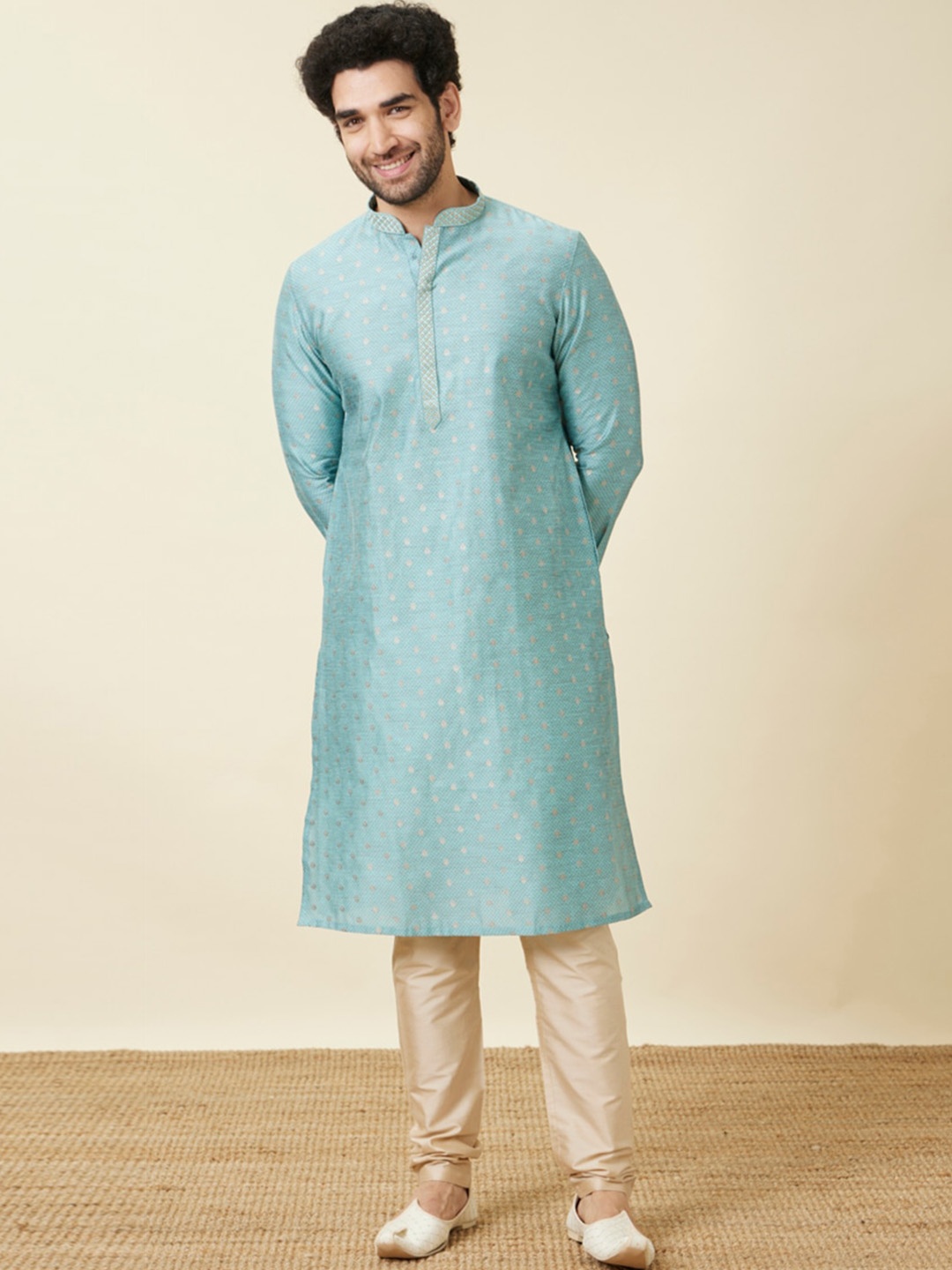 

Manyavar Mandarin Collar Woven Design Thread Work Kurta with Pyjamas, Blue