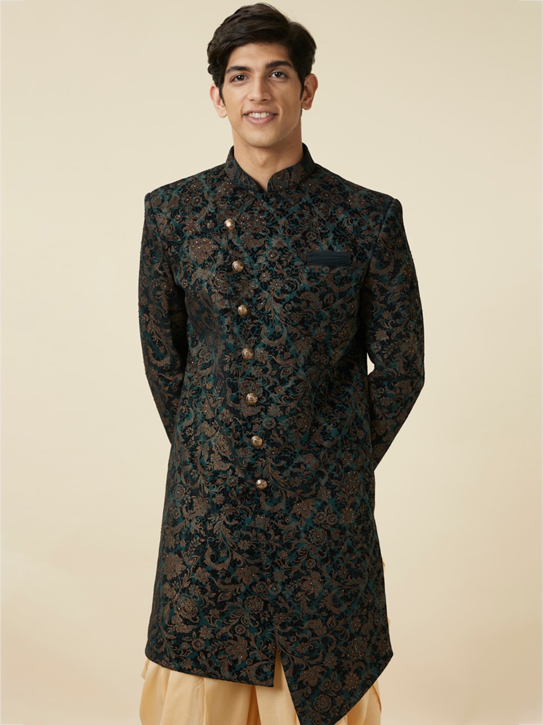 

Manyavar Self Design Velvet Indo West Sherwani, Green