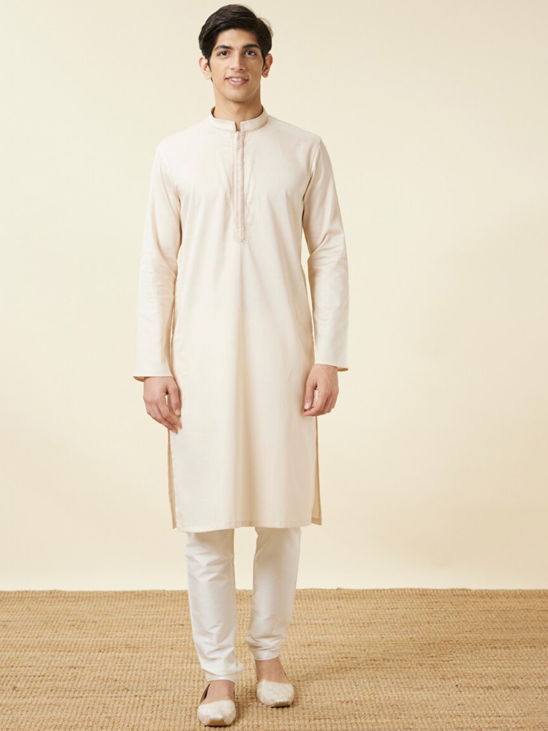 

Manyavar Mandarin Collar Pure Cotton Kurta With Pyjamas, Beige