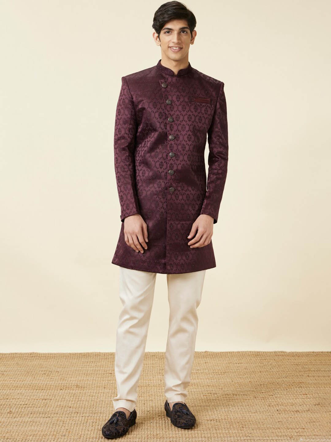 

Manyavar Self Design Indo Western Sherwani Set, Purple