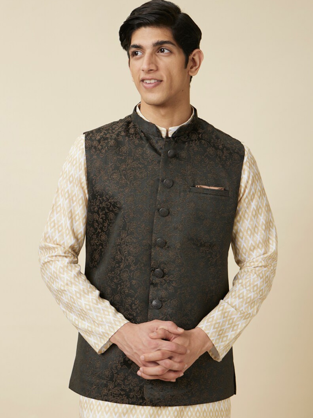 

Manyavar Woven Design Brocade Nehru Jackets, Green