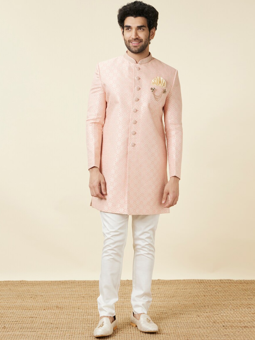 

Manyavar Woven Design Indo Western Sherwani Set, Peach