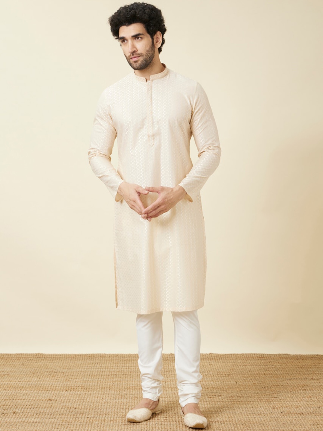 

Manyavar Geometric Woven Design Pure Cotton Kurta With Pyjamas, Beige