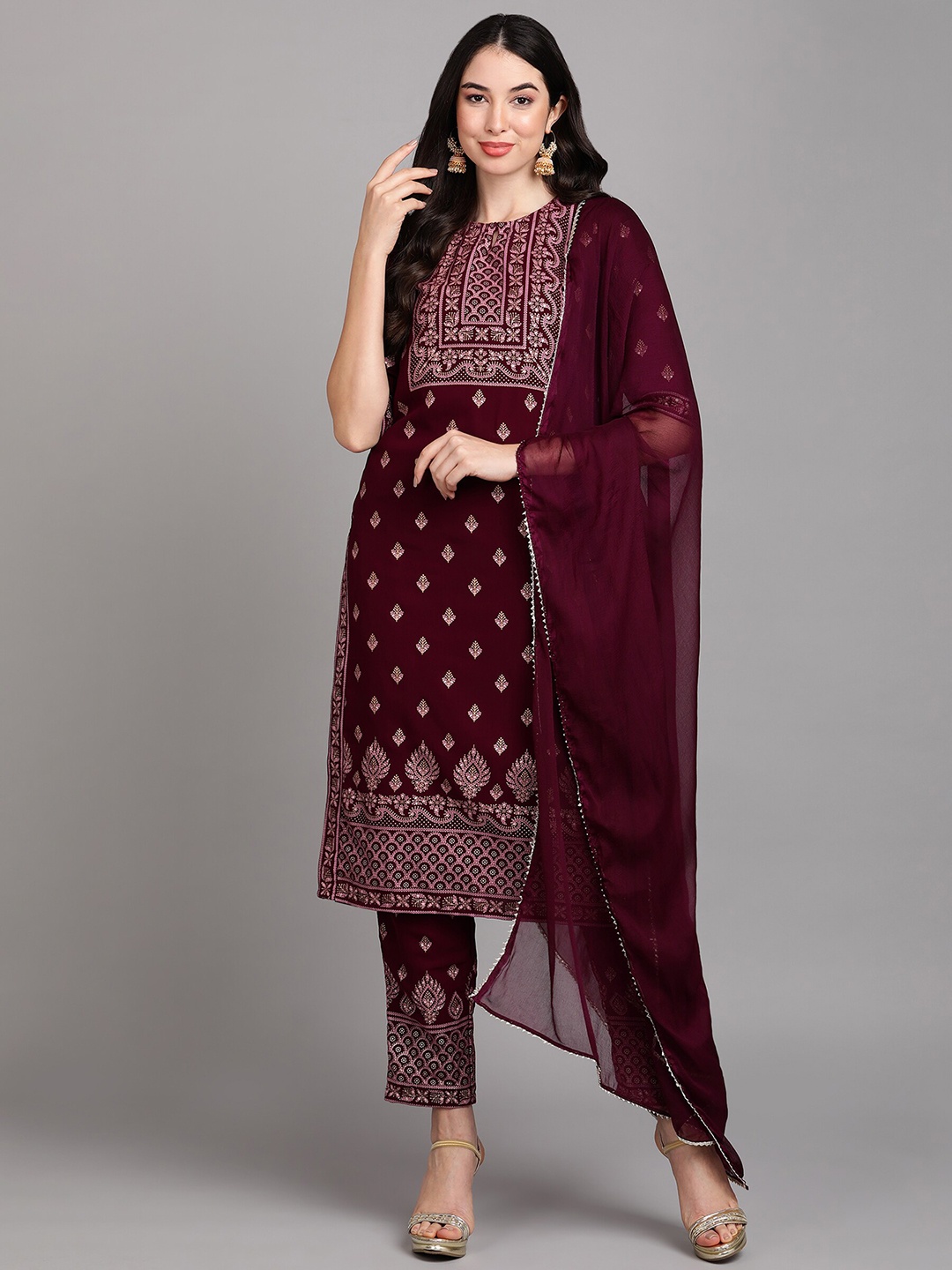 

V TRADITION Floral Printed Kurta With Trousers & Dupatta, Maroon