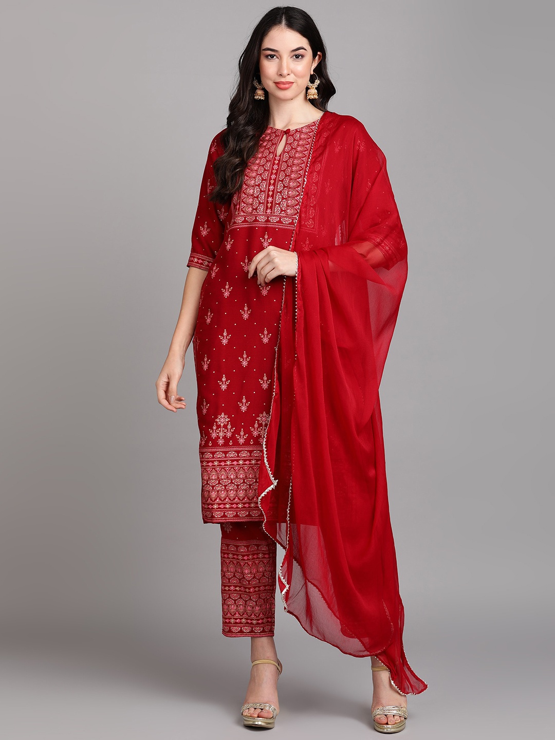 

V TRADITION Ethnic Motifs Printed Regular Kurta With Trousers & Dupatta, Red