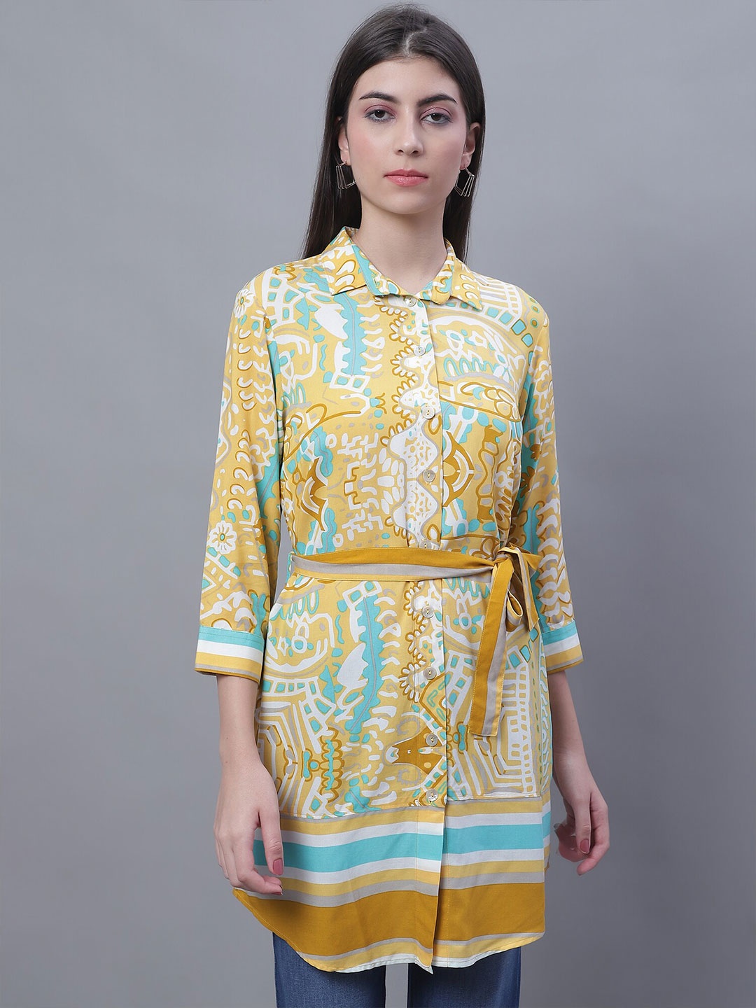 

Cantabil Shirt Collar Ethnic Printed Tunic, Mustard