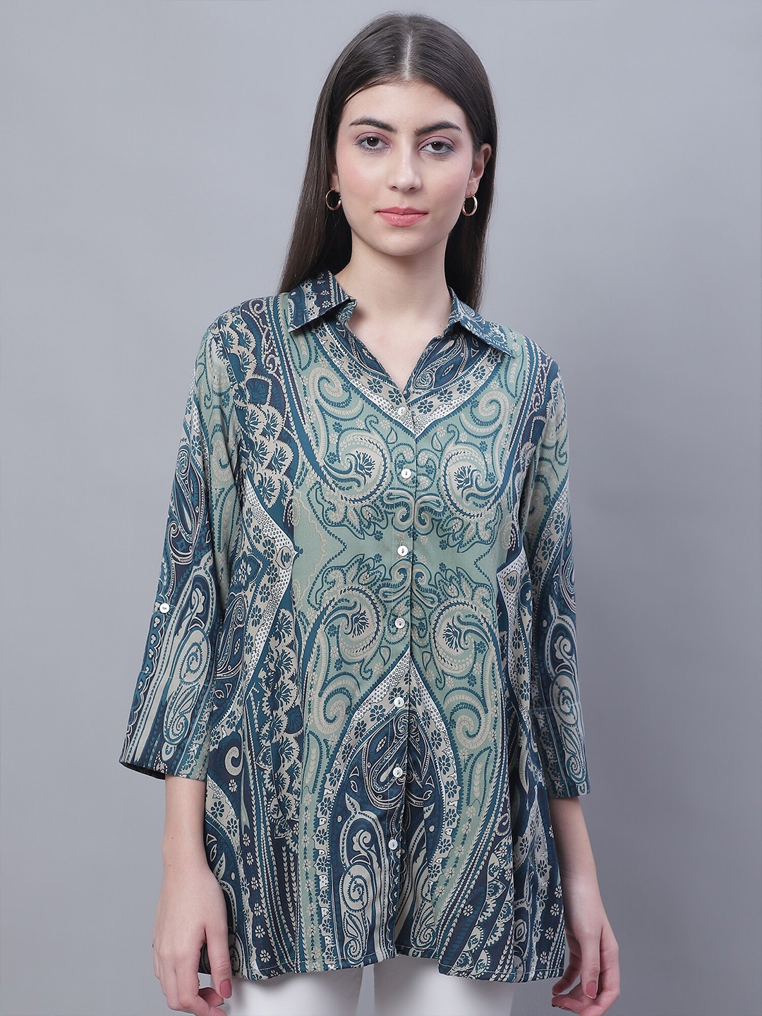 

Cantabil Shirt Collar Ethnic Printed Tunic, Green