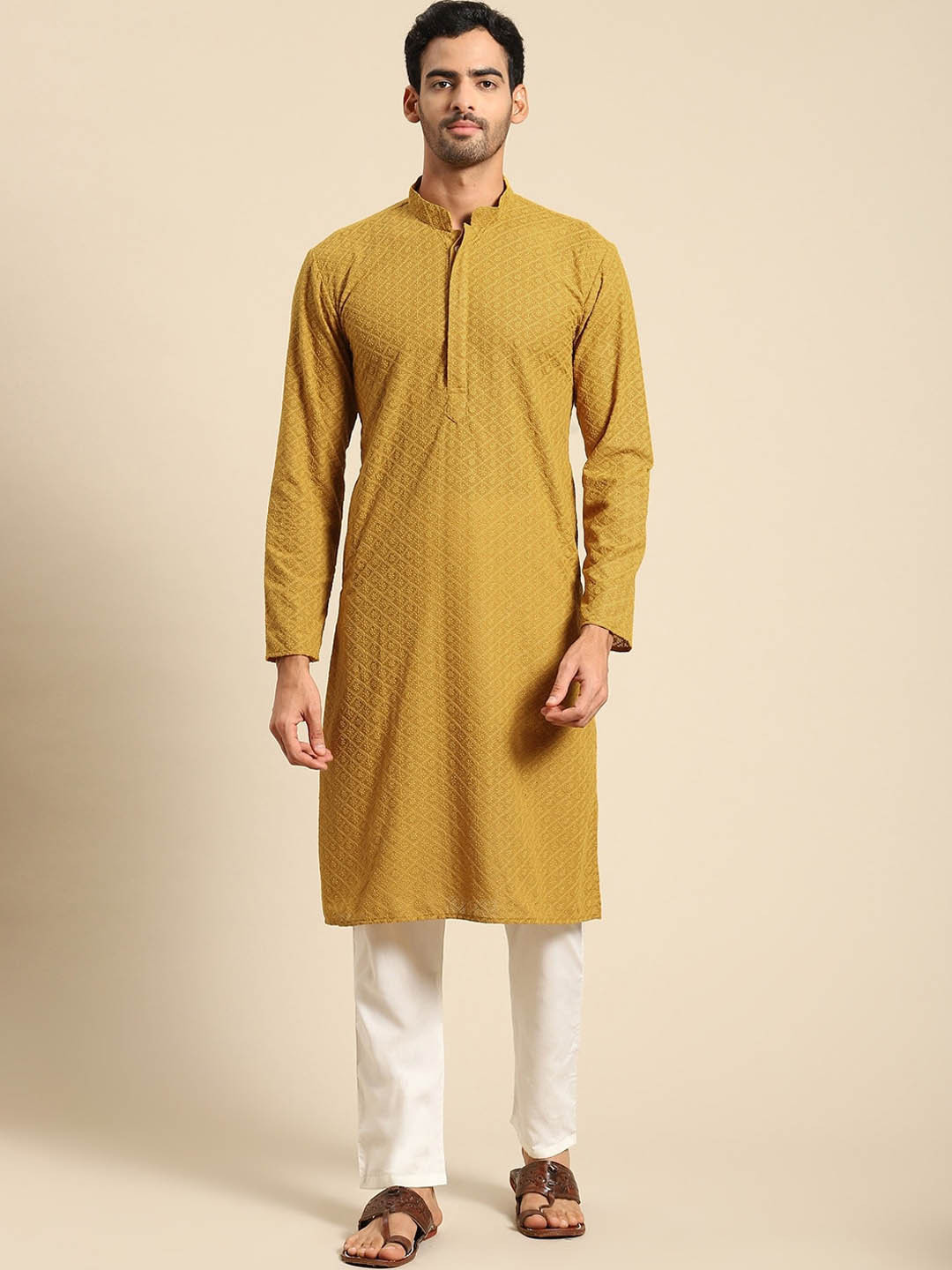

RAJUBHAI HARGOVINDAS Ethnic Motifs Embroidered Chikankari Cotton Kurta, Mustard