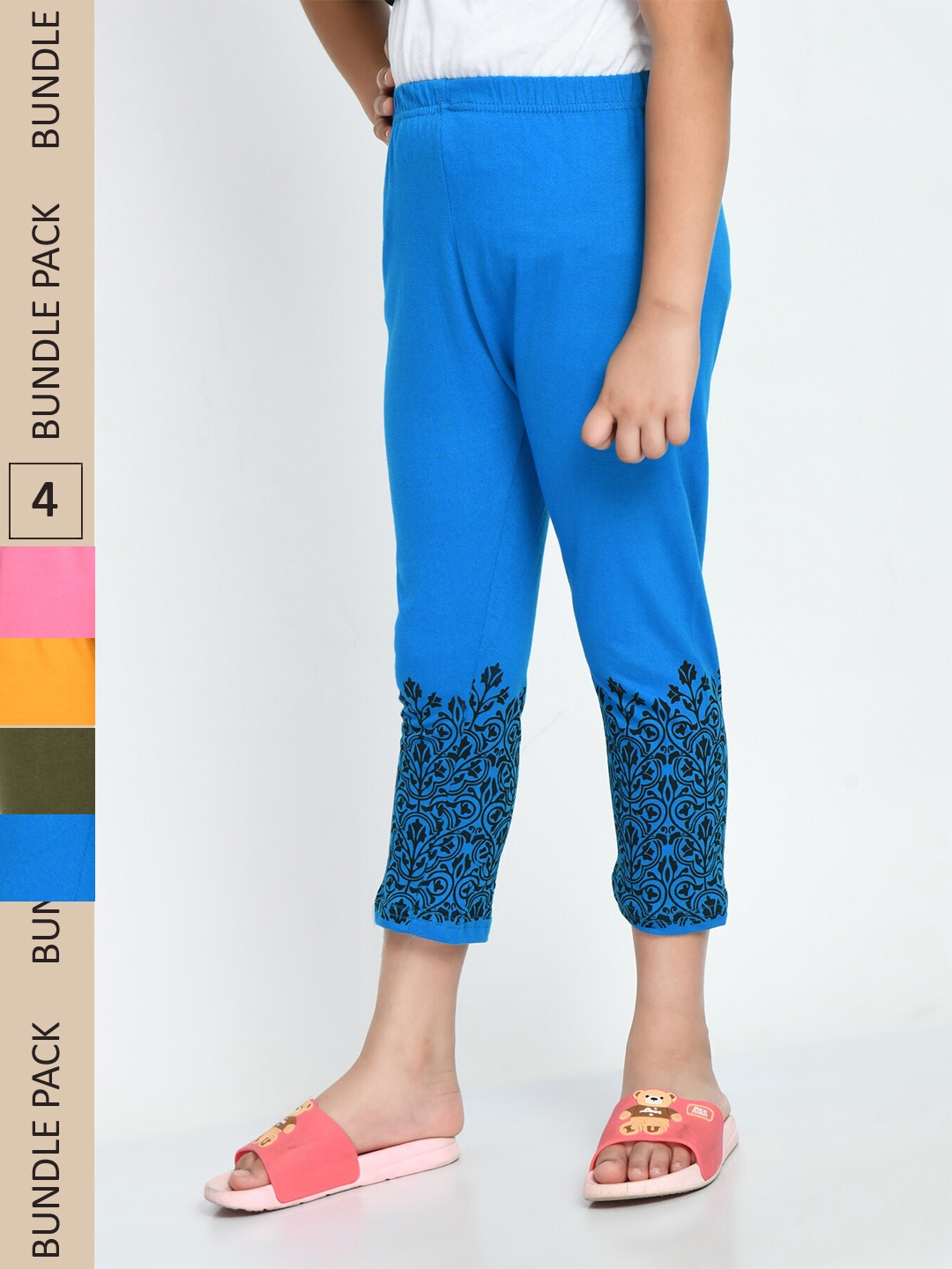 

IndiWeaves Pack Of 4 Girls Floral Printed Mid Rise Pure Cotton Capris, Pink