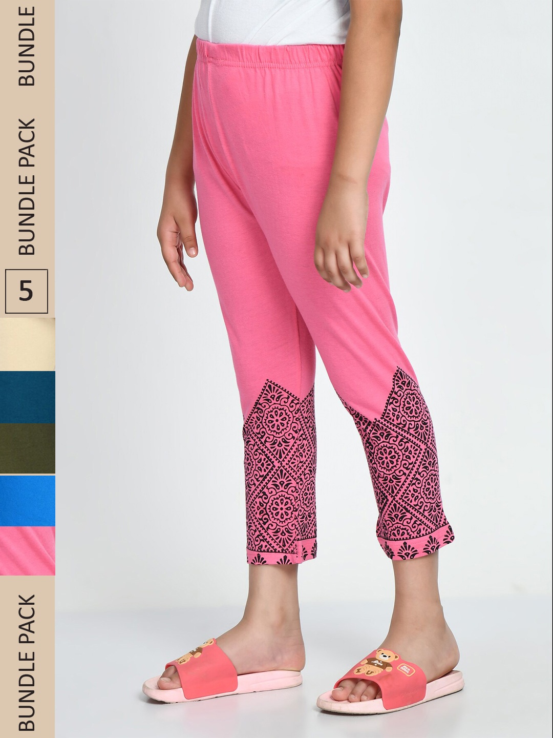 

IndiWeaves Girls Pack of 5 Printed Pure Cotton Capris, Pink