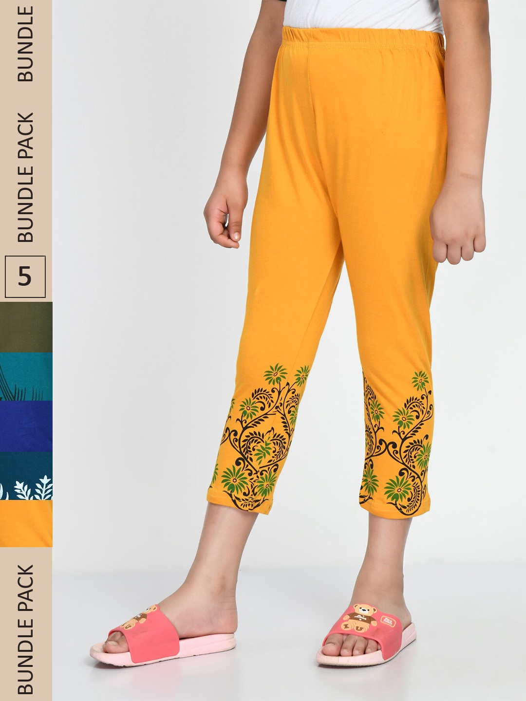 

IndiWeaves Girls Pack Of 5 Printed Pure Cotton Capris, Teal