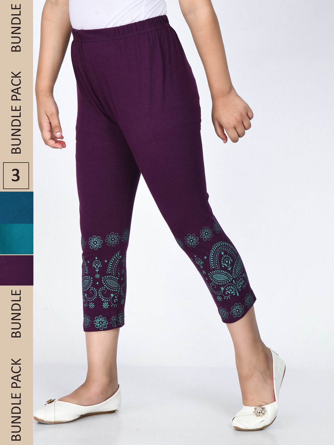 

IndiWeaves Girls Pack Of 3 Printed High-Rise Pure Cotton Capris, Blue