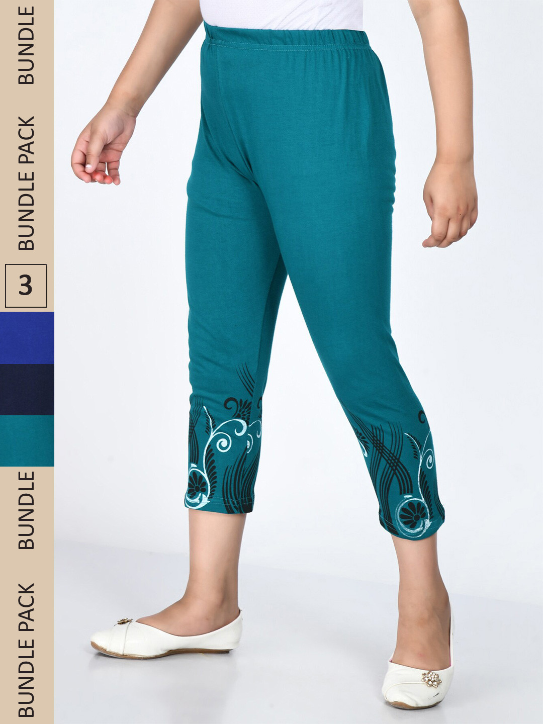 

IndiWeaves Girls Pack Of 3 Printed Cotton Capris, Blue