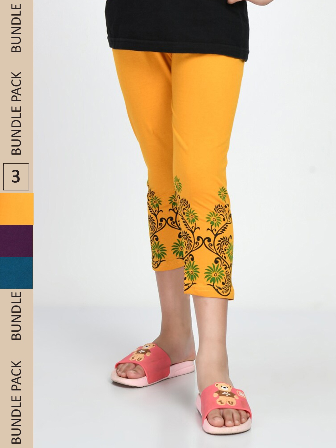 

IndiWeaves Girls Pack Of 3 Printed Mid-Rise Pure Cotton Capris, Yellow