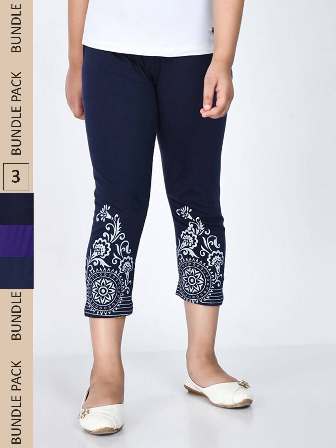 

IndiWeaves Girls Pack Of 3 Printed Cotton Capris, Blue