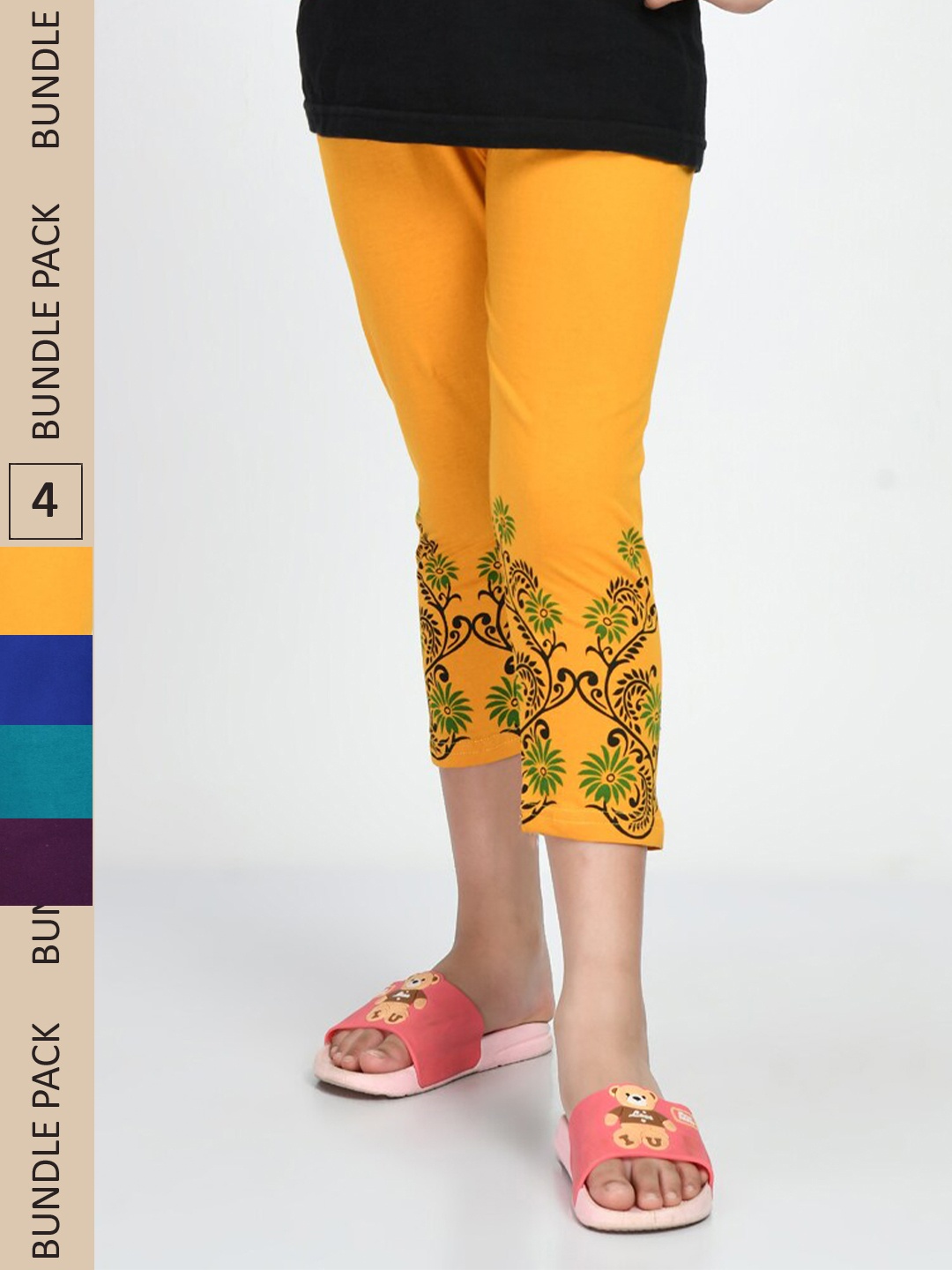 

IndiWeaves Girls Pack Of 4 Printed Pure Cotton Capris, Yellow