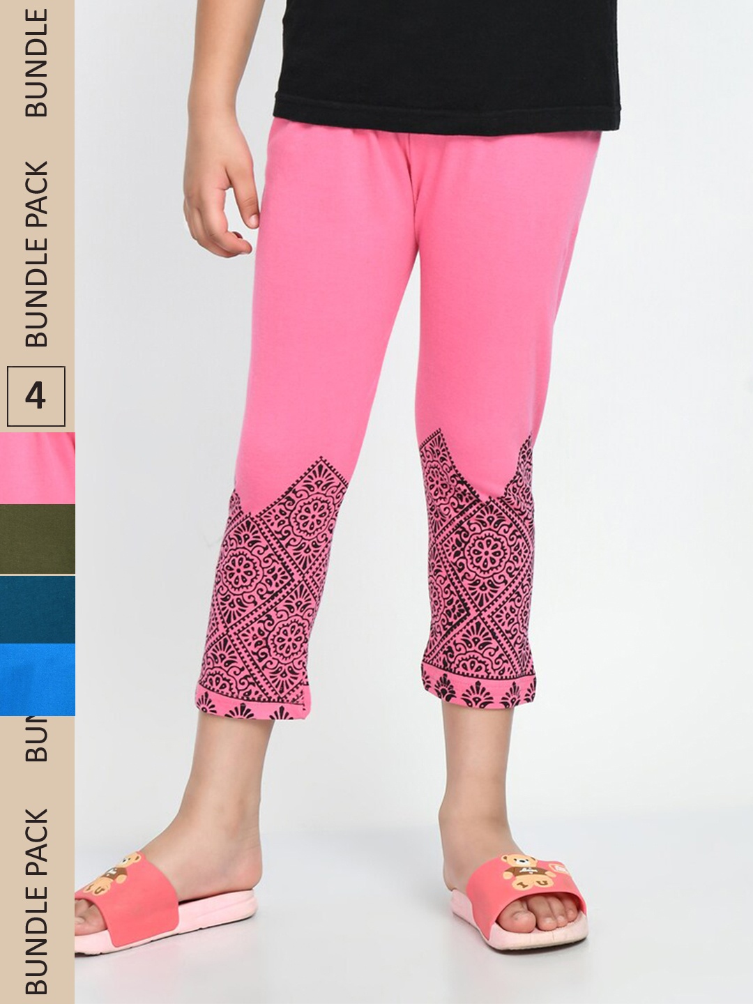 

IndiWeaves Girls Pack Of 4 Printed Slim Fit Pure Cotton Capris, Pink