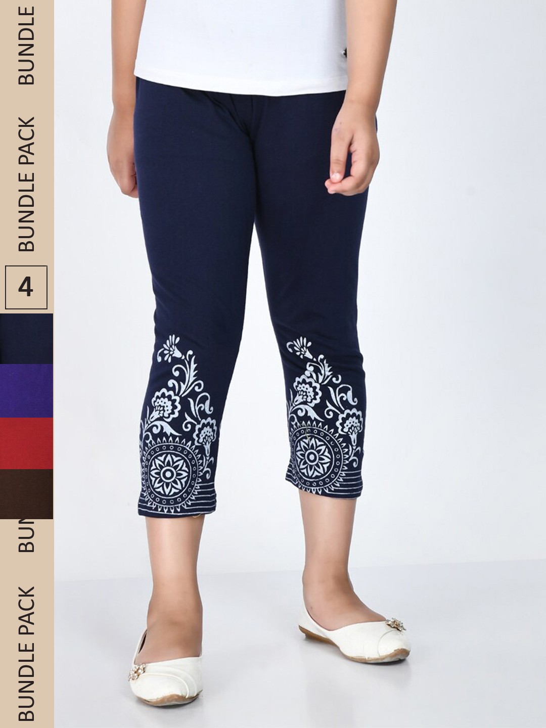 

IndiWeaves Girls Pack of 4 Printed Pure Cotton Capris, Blue