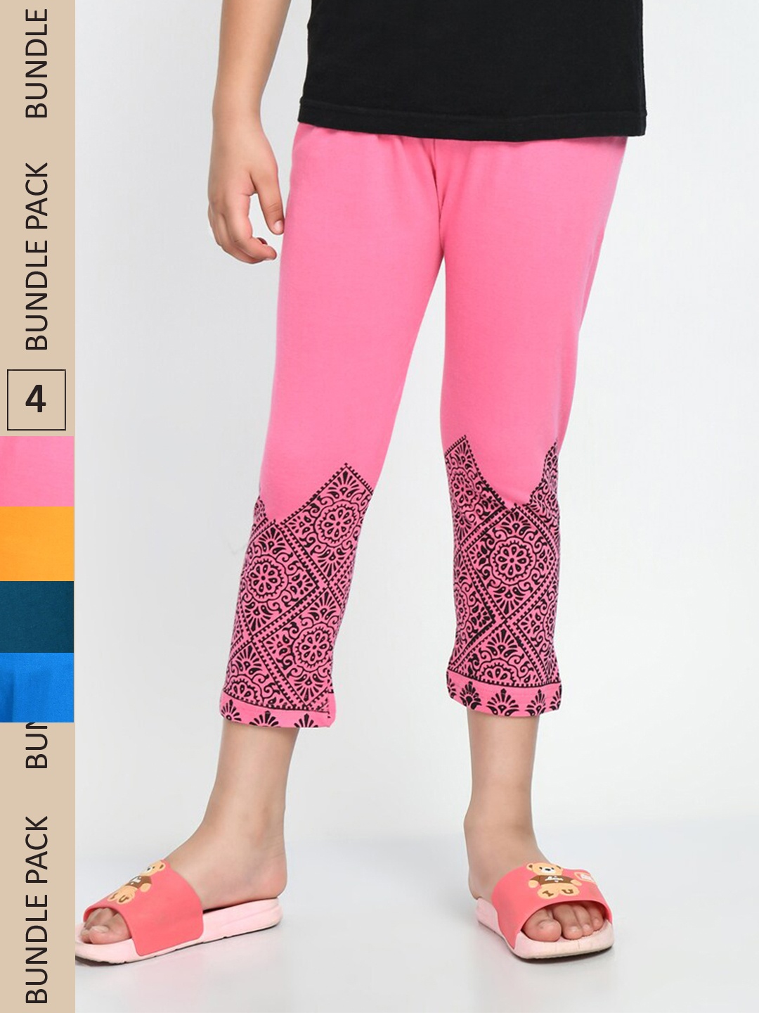 

IndiWeaves Girls Pack Of 4 Printed Mid Rise Cotton Capris, Teal