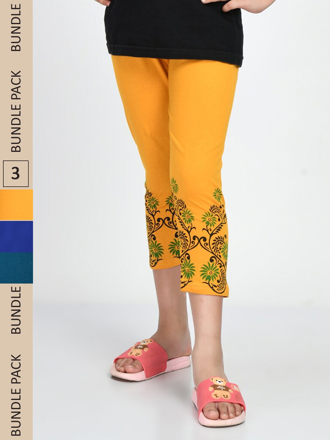 

IndiWeaves Girls Pack Of 3 Printed Mid-Rise Pure Cotton Capris, Yellow