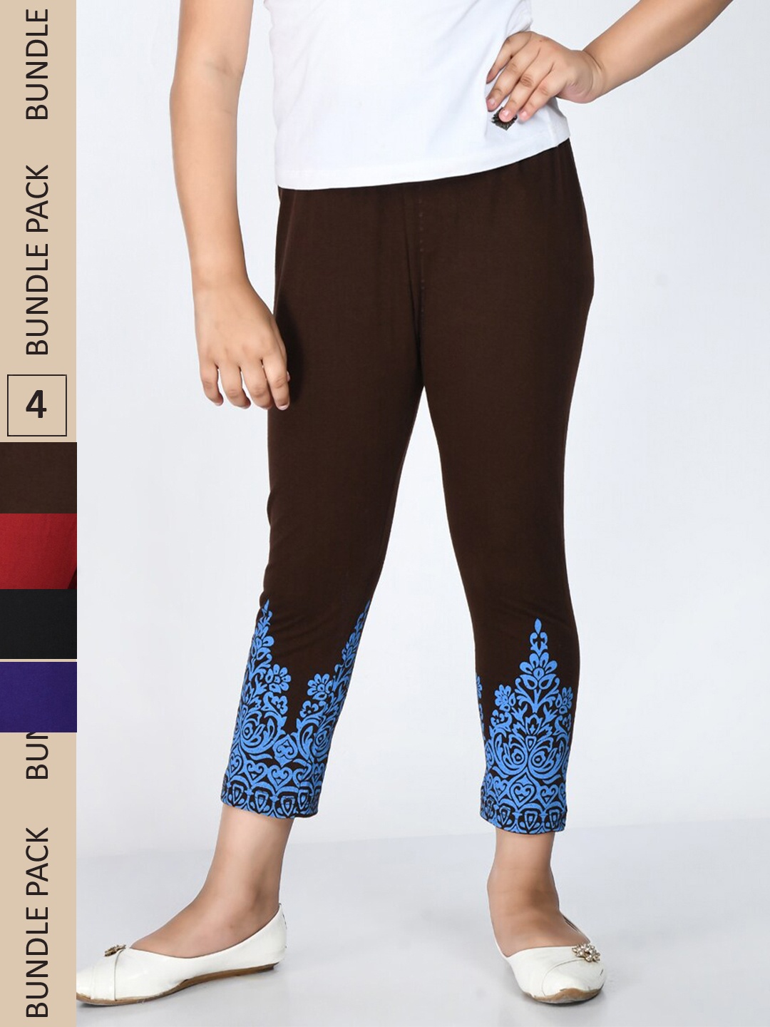 

IndiWeaves Girls Pack of 4 Printed Pure Cotton Capris, Brown