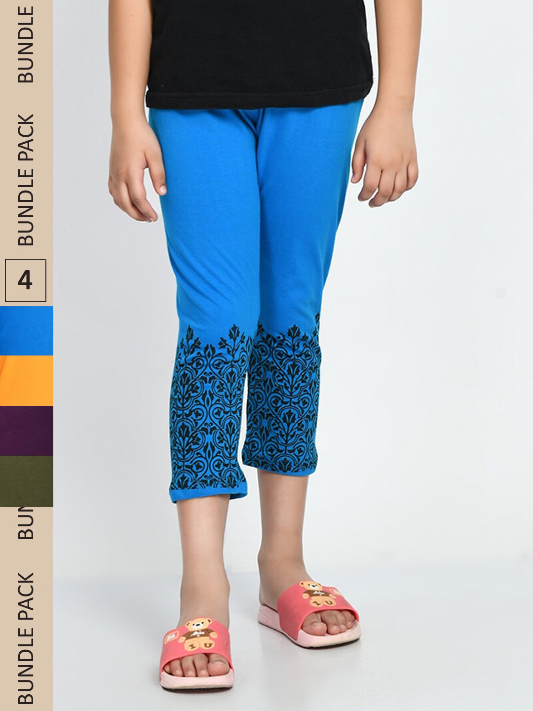 

IndiWeaves Girls Pack Of 4 Printed Slim Fit Pure Cotton Capris, Blue