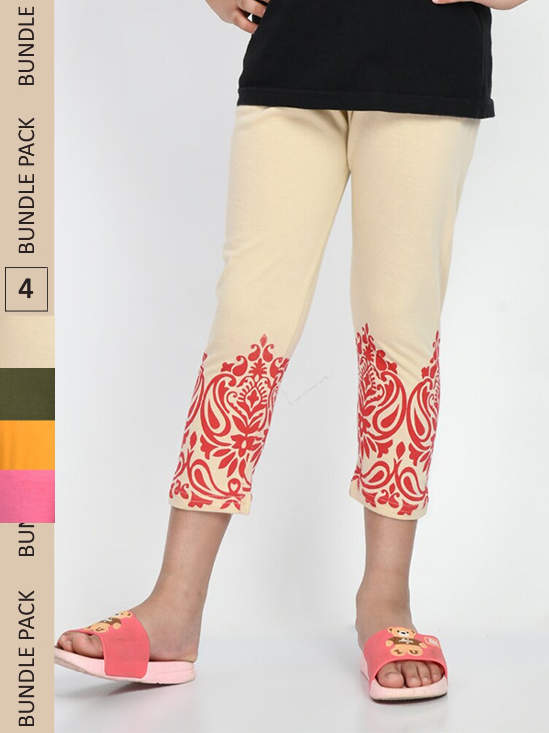 

IndiWeaves Girls Pack Of 4 Printed Mid-Rise Pure Cotton Capris, Yellow