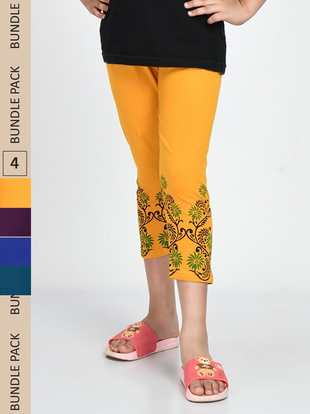 

IndiWeaves Girls Pack Of 4 Printed Pure Cotton Capris, Yellow