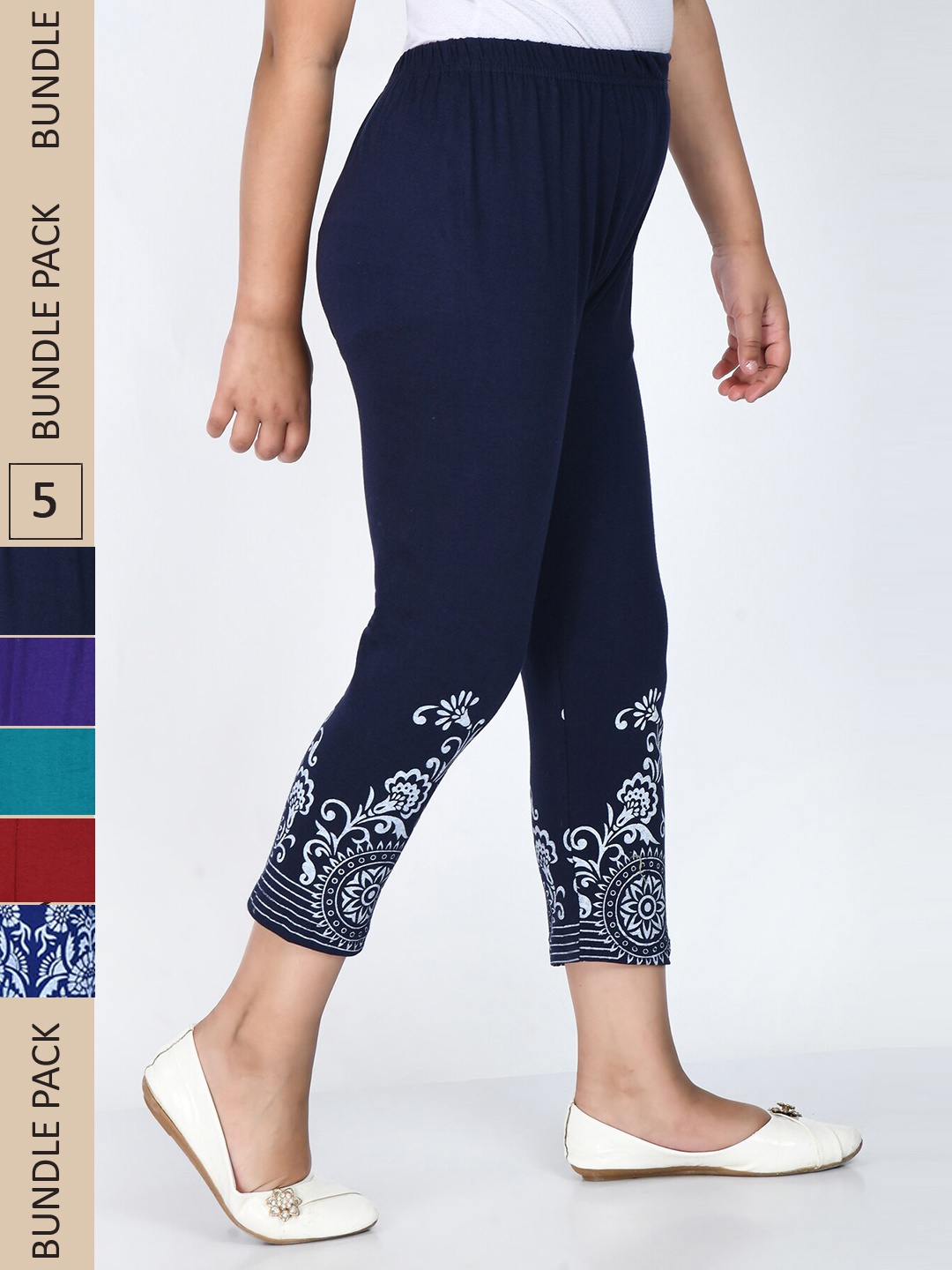 

IndiWeaves Girls Pack Of 5 Printed Pure Cotton Skinny Fit Capris, Red