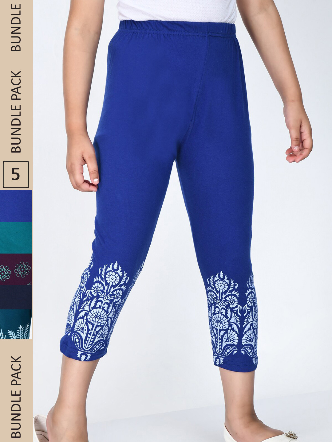 

IndiWeaves Girls Pack Of 5 Printed Slim Fit Pure Cotton Capris, Blue