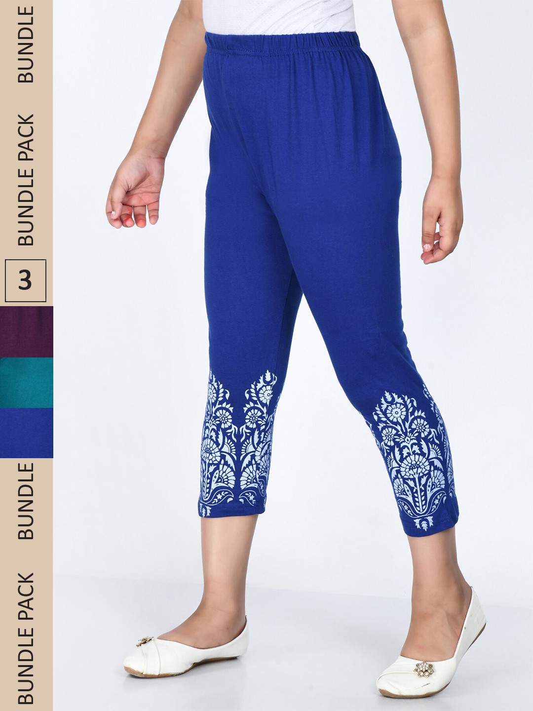 

IndiWeaves Girls Pack Of 3 Printed Pure Cotton Capris, Violet