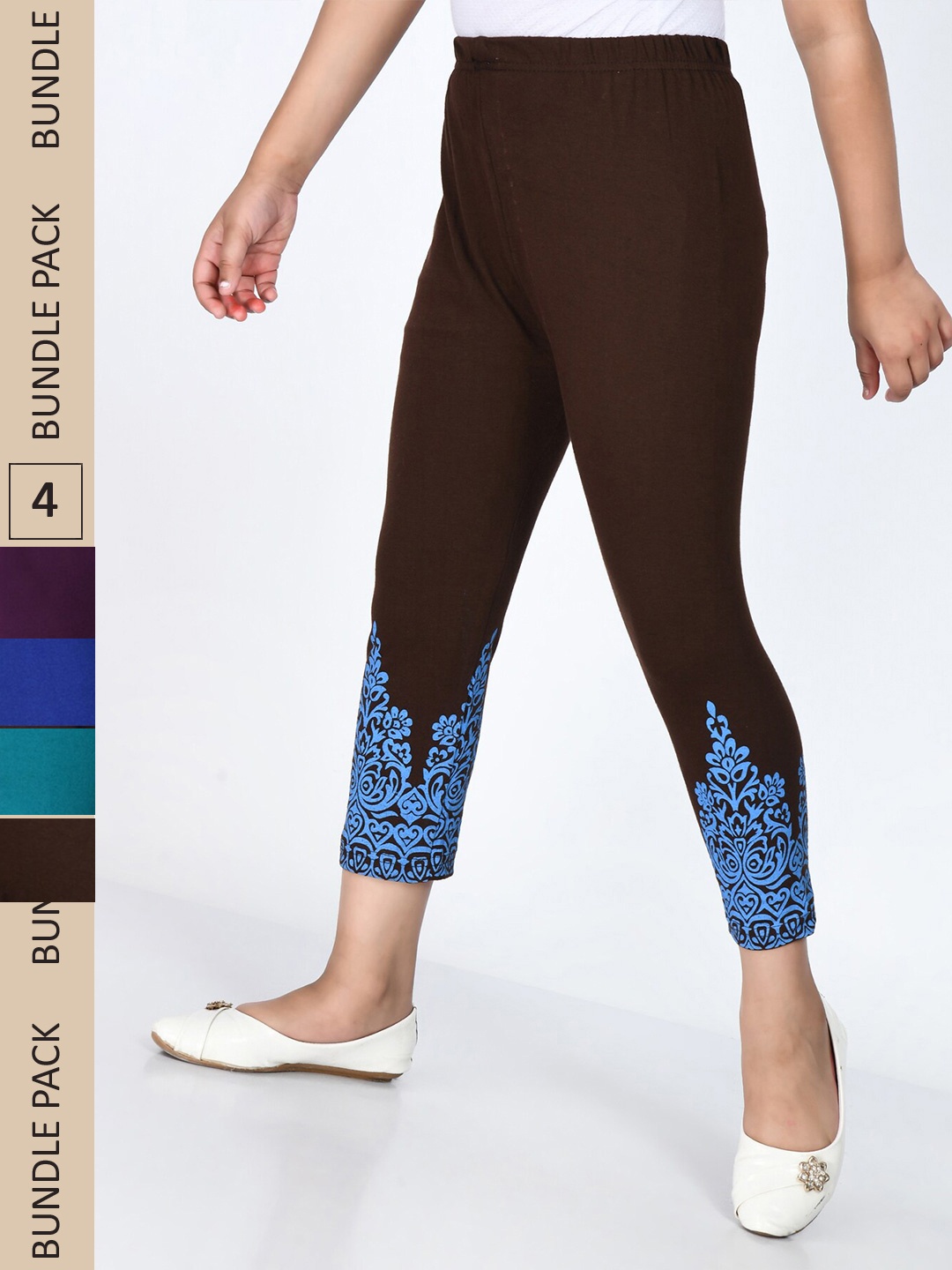 

IndiWeaves Girls Pack Of 4 Printed High-Rise Slim Fit Pure Cotton Capris, Blue