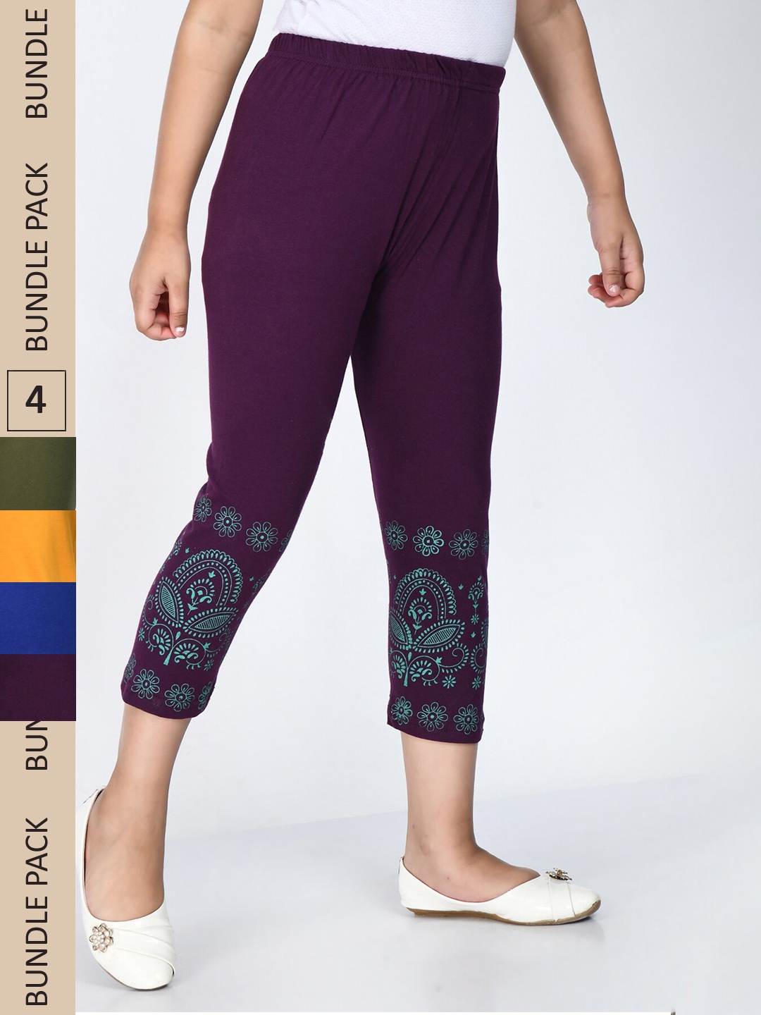 

IndiWeaves Girls Pack Of 4 Printed Pure Cotton Capris, Green