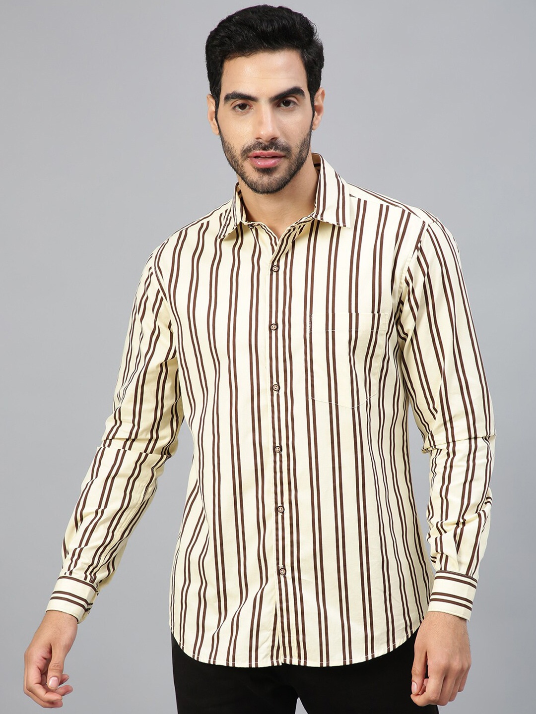

FTX Striped Standard Cotton Casual Shirt, Cream