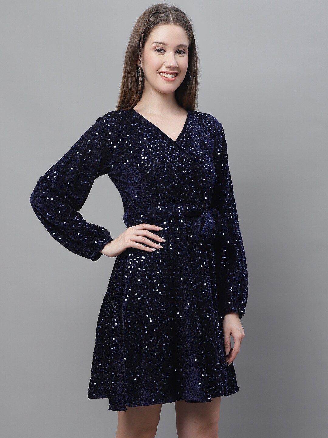 

JAINISH Embellished Sequined Velvet Fit & Flare Dress, Navy blue