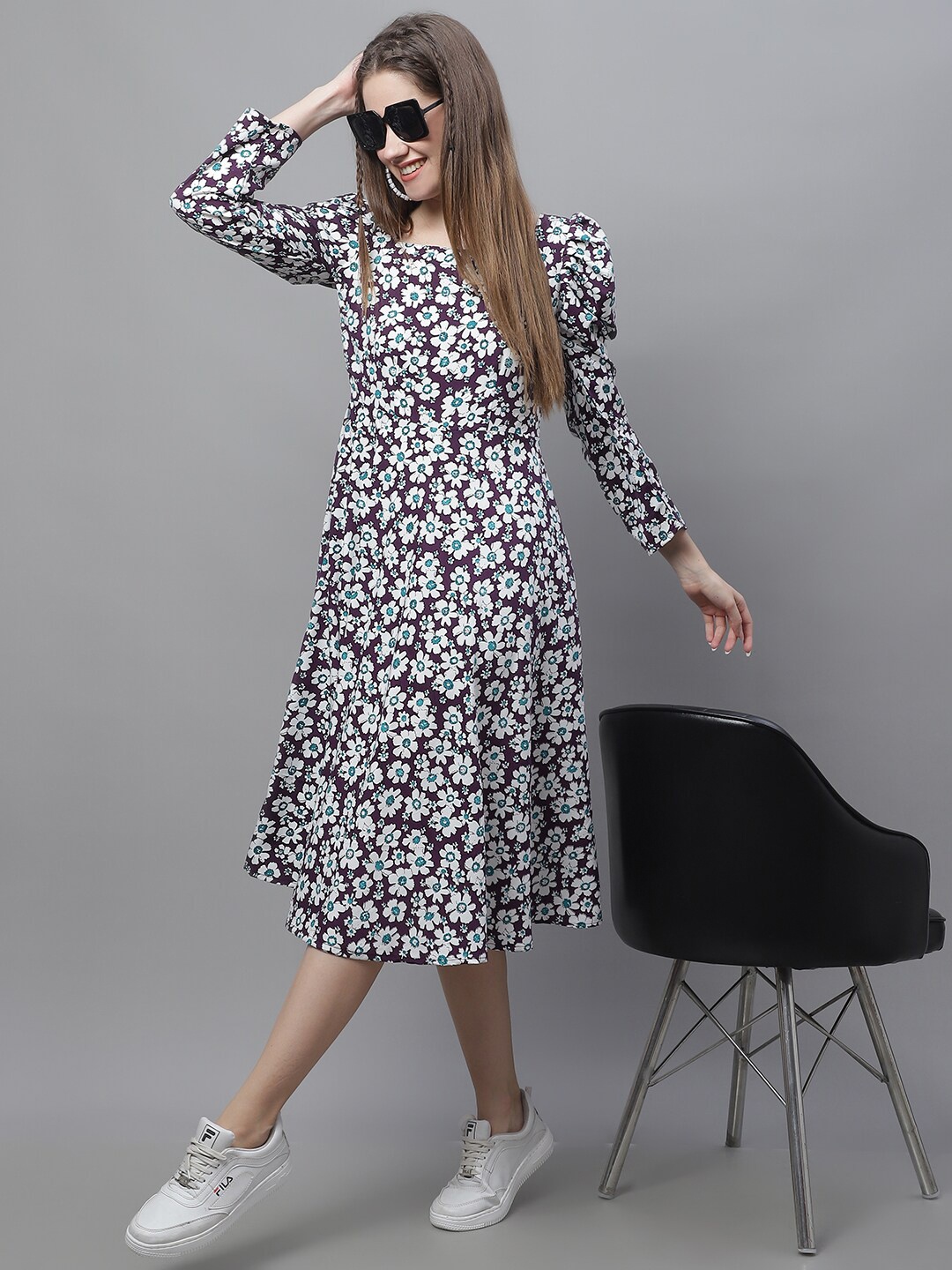 

JAINISH Floral Printed Puff Sleeves Fit & Flare Midi Dress, Purple