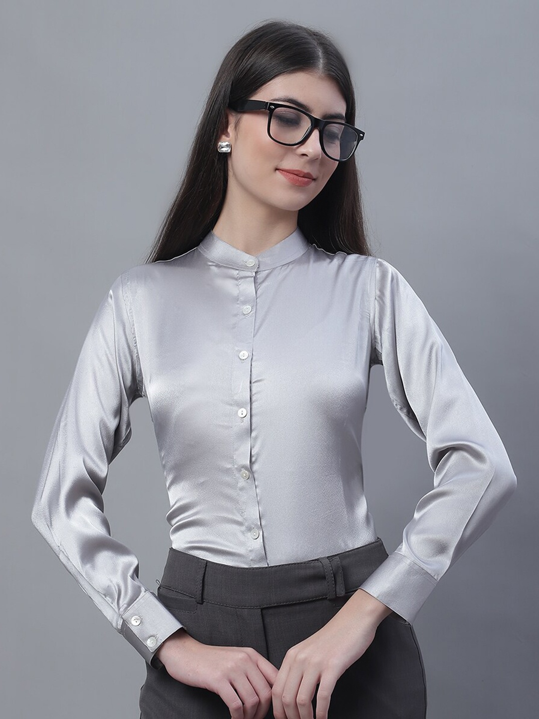 

JAINISH Mandarin Collar Shirt Style Top, Grey