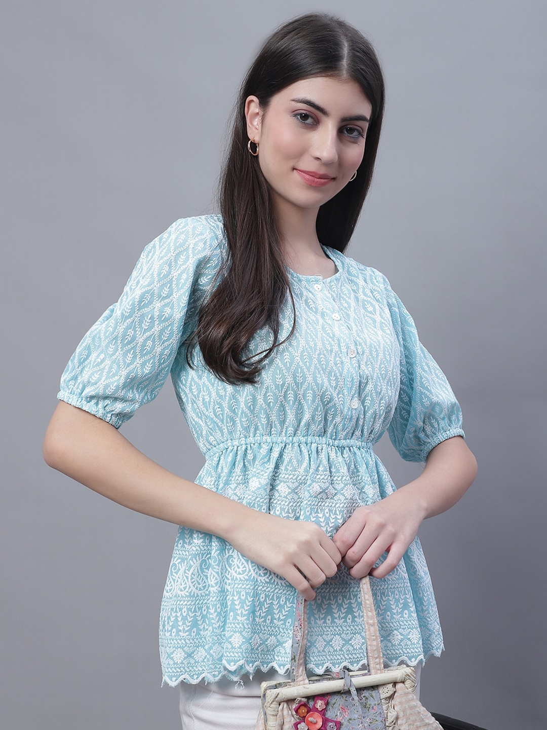 

JAINISH Turquoise Puff Sleeves Embroidered Pure Cotton Empire Top, Turquoise blue