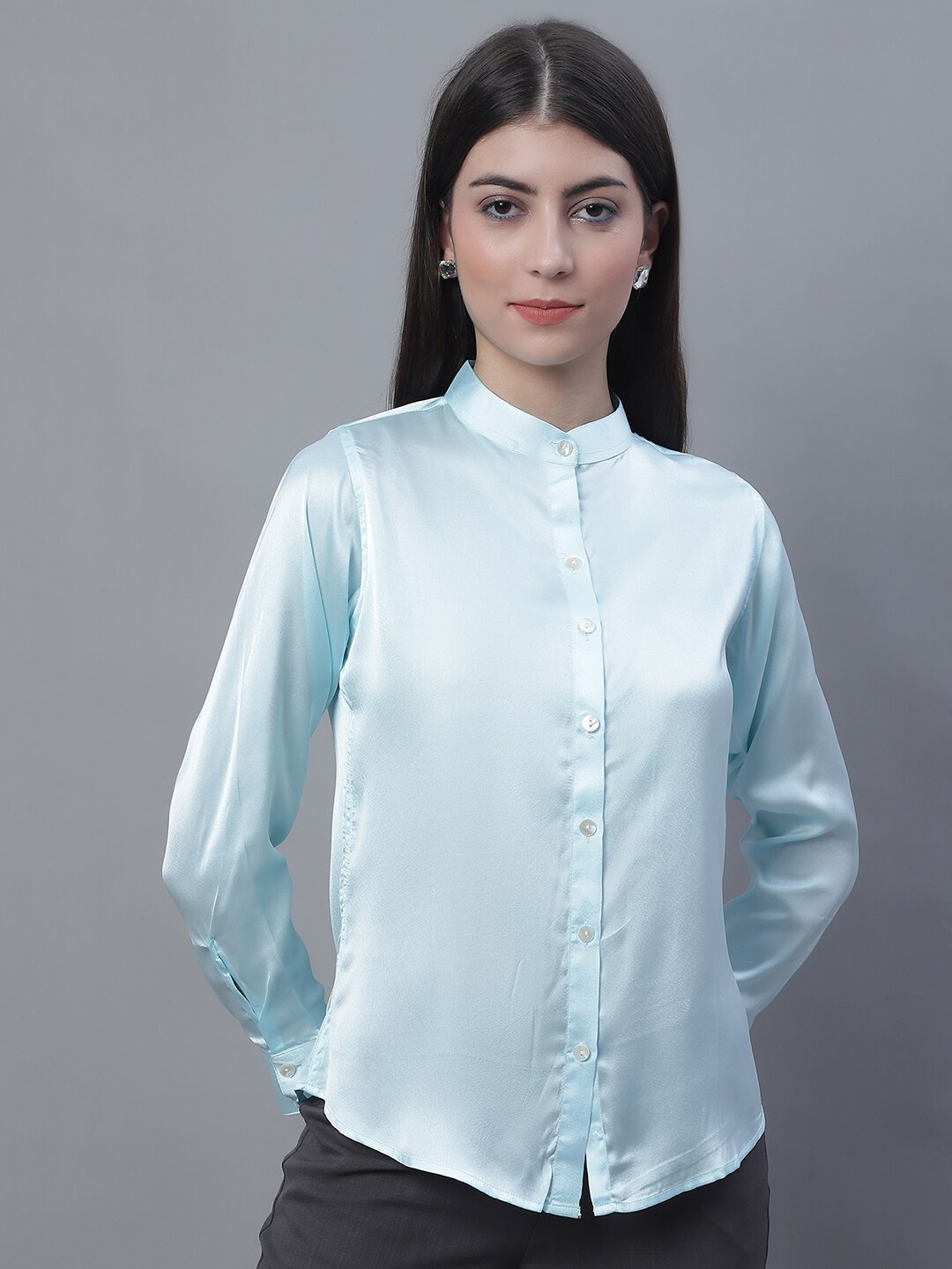 

JAINISH Mandarin Collar Pure Satin Shirt, Turquoise blue