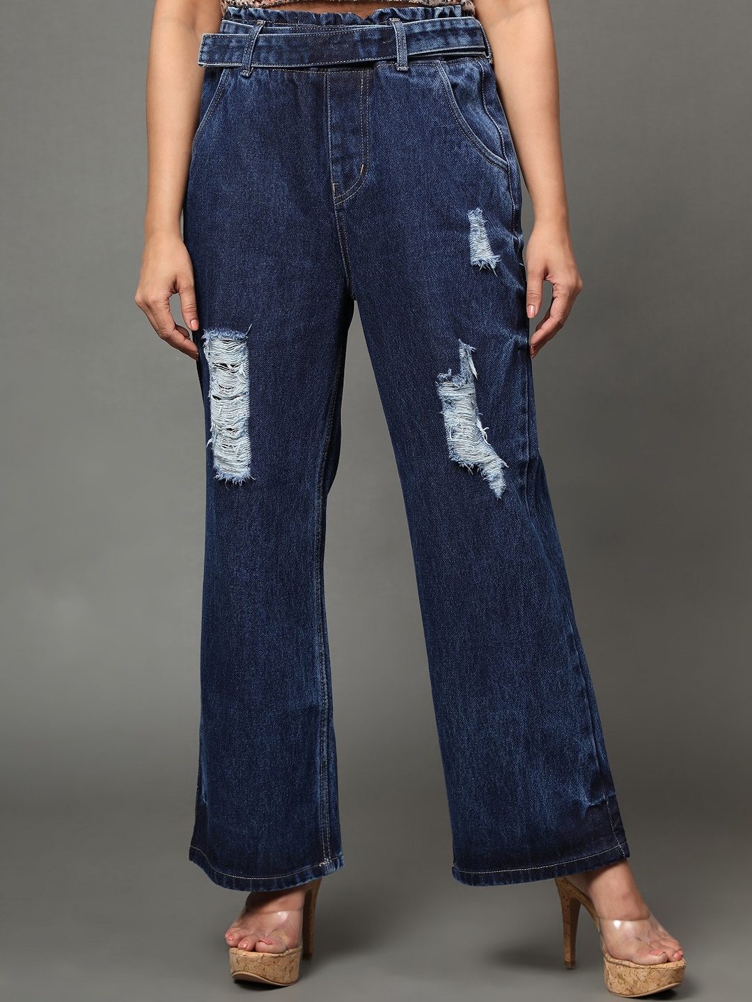 

AngelFab Women Jean Wide Leg High-Rise Mildly Distressed Cotton Jeans, Navy blue
