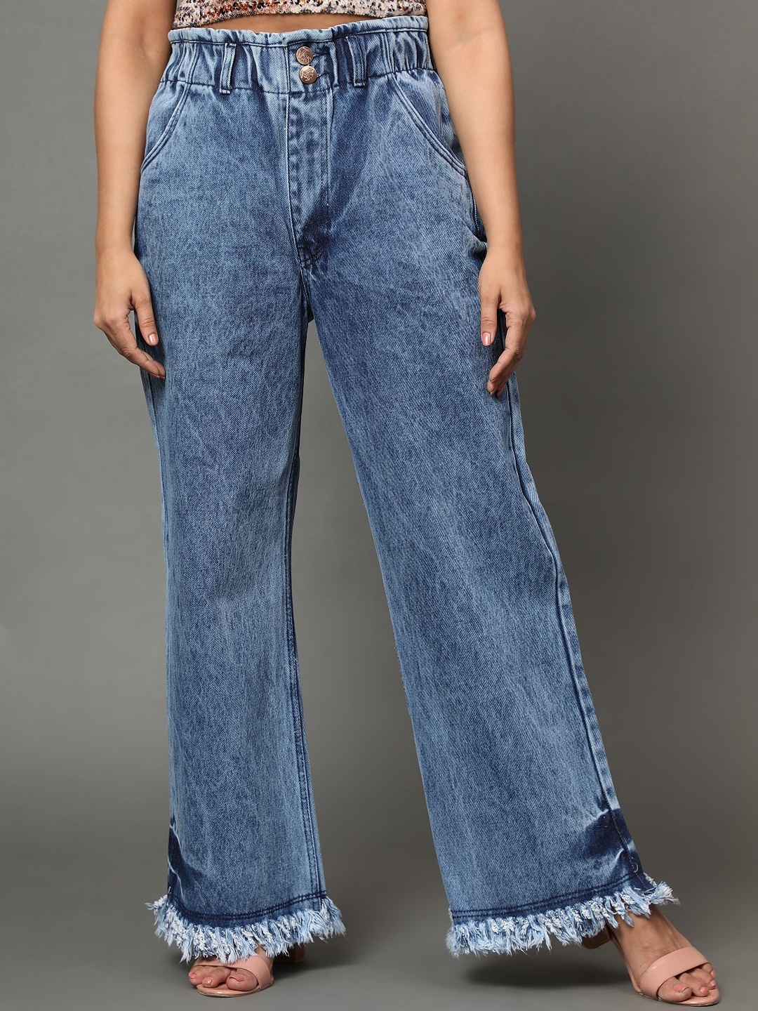 

AngelFab Women Jean Wide Leg Frayed Hem High-Rise Heavy Fade Cotton Jeans, Blue