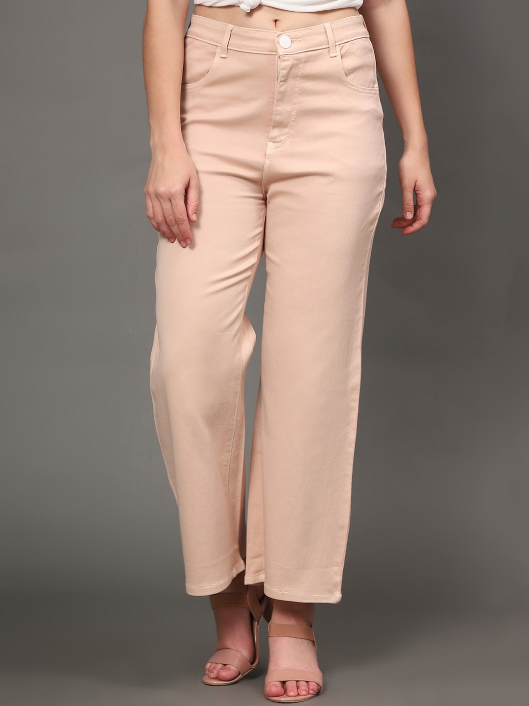 

AngelFab Women High-Rise Clean Look Cotton Relaxed Fit Jeans, Beige