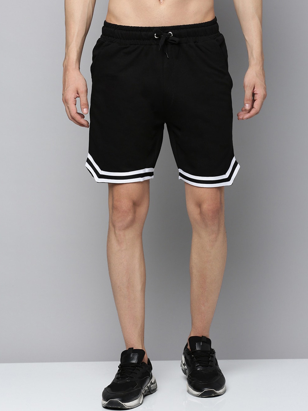 

Urban Dog Men Striped Mid-Rise Cotton Sports Shorts, Black