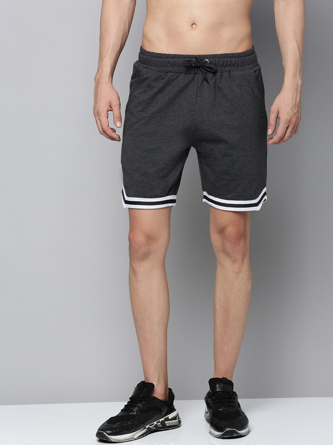 Urban Dog Men Striped Mid-Rise Cotton Sports Shorts, Charcoal