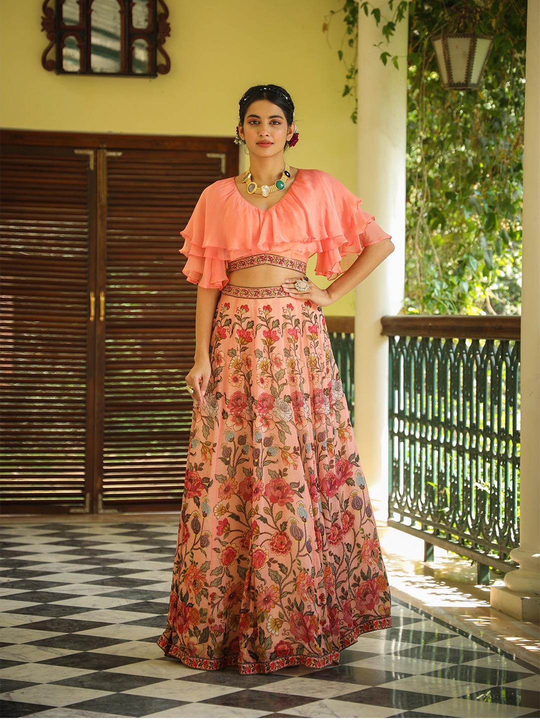 

SCAKHI Floral Printed Beads and Stones Ready to Wear Lehenga & Choli Set, Peach